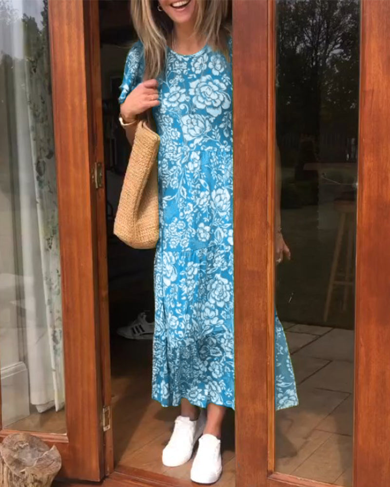 Van Delft Mode® | Lange jurk met korte mouwen en bloemenprint