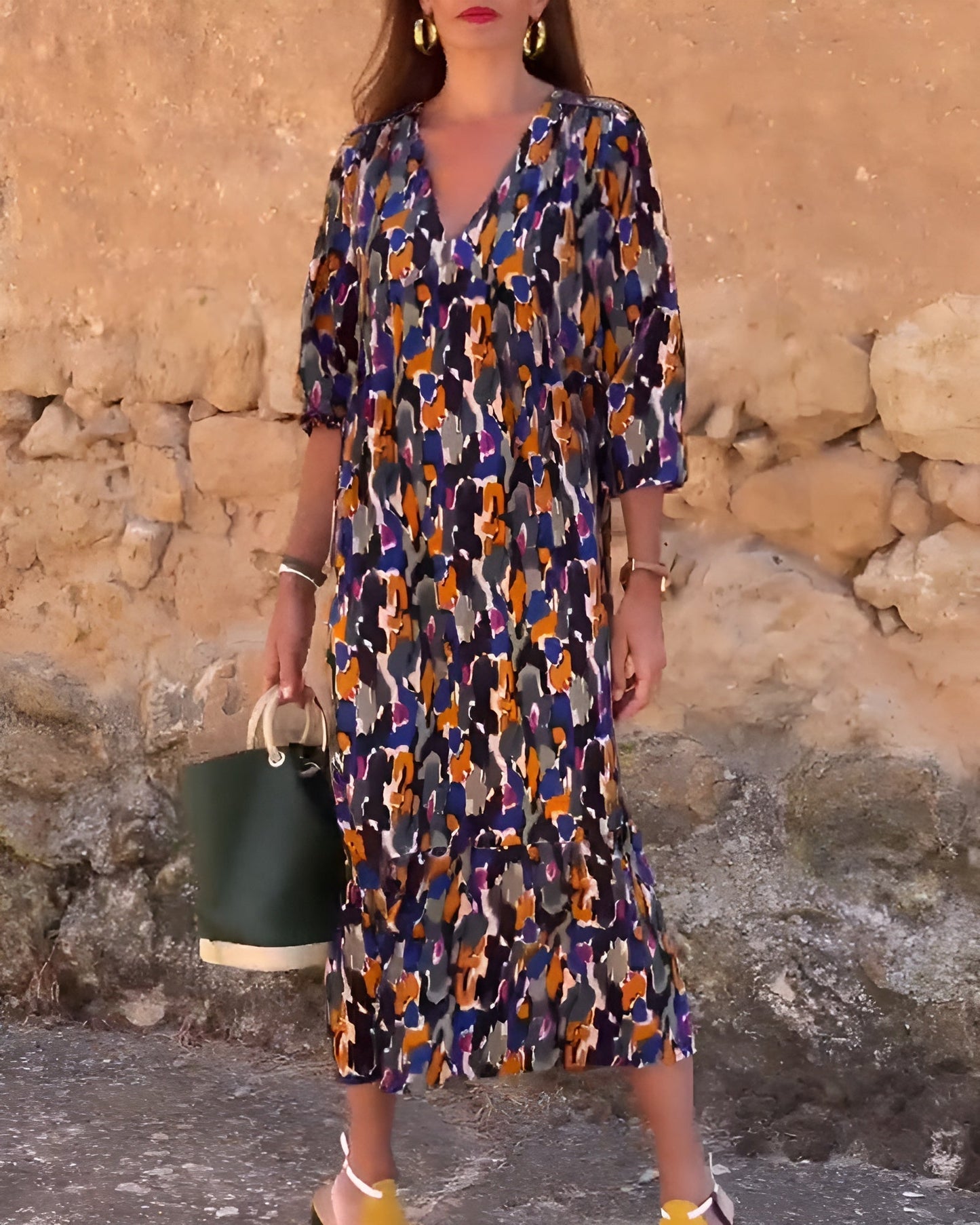 Van Delft Mode® | V-hals jurk met retroprint