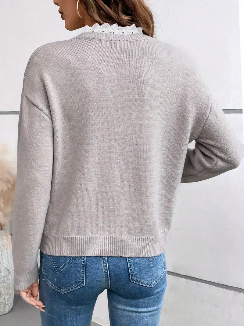 Van Delft Mode® | Chique Gebreide Trui met Elegante Kantkraag